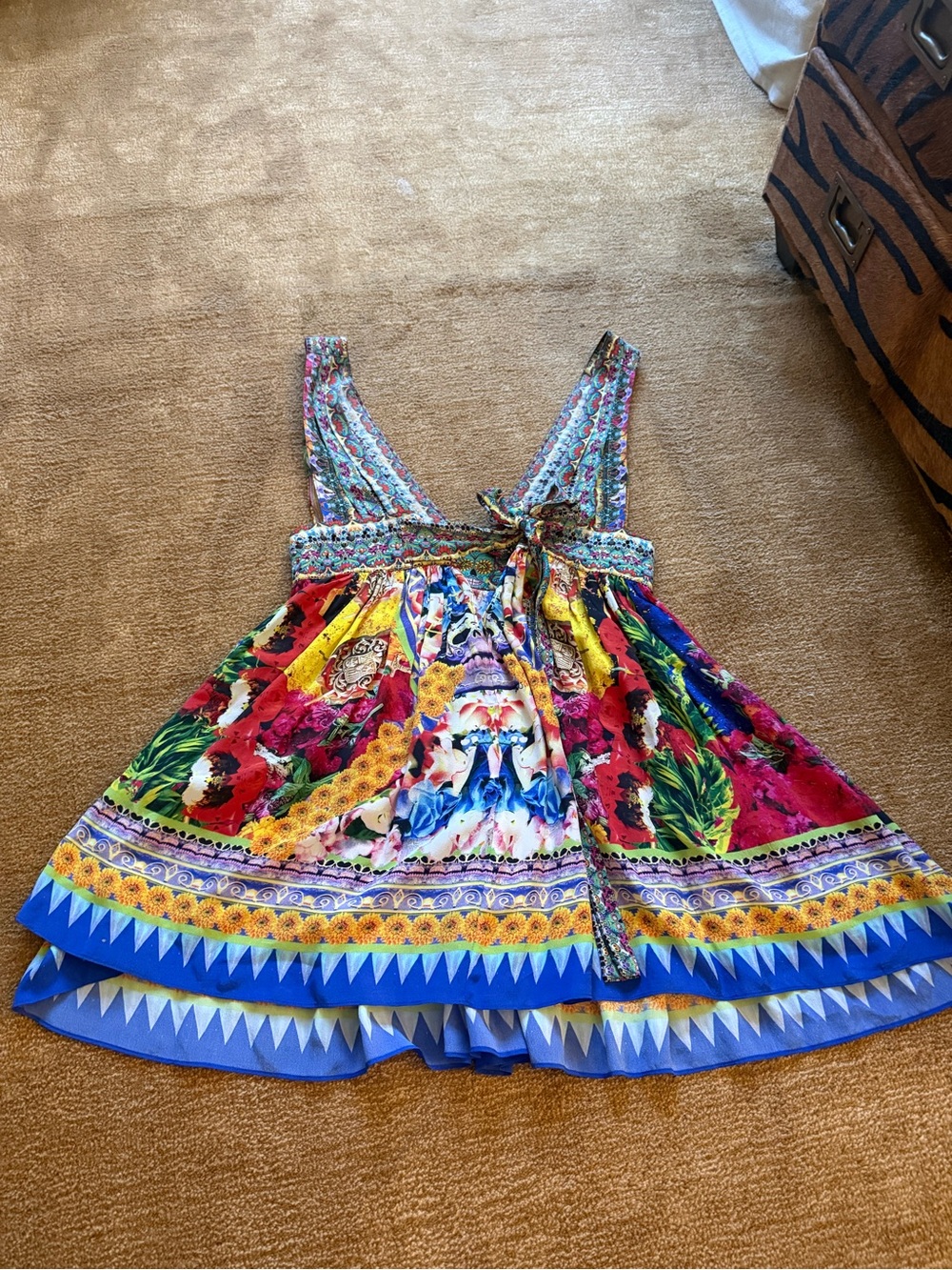 Camilla Multicolor Floral V-Neck Mini Dress with Blue Trim - Picture 3 of 4